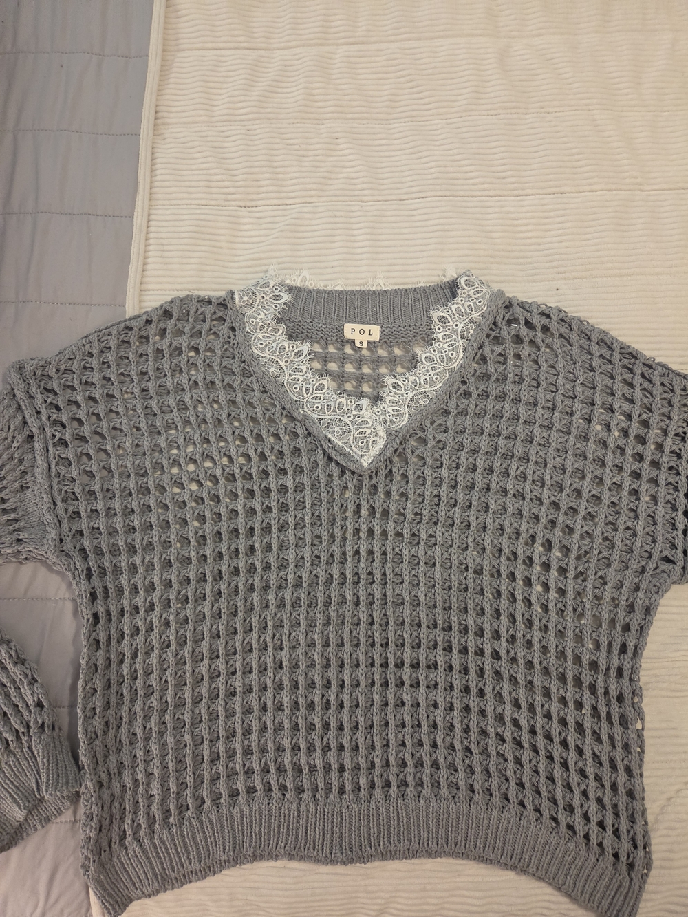 POL Lace-Trim Open Knit Sweater - Gray Size Small